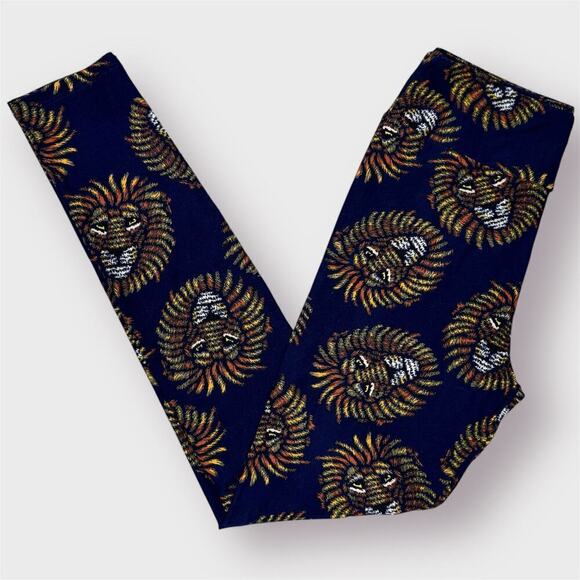 LuLaRoe Lion Scatter Print Navy Blue Orange Yellow Leggings Women's One Size OS - Picture 1 of 12